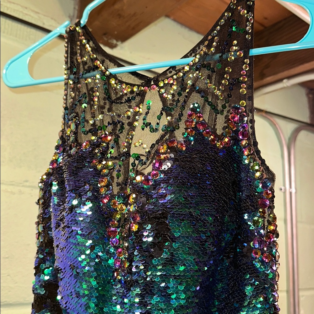 Clarisse Shimmering Sequin Dress in Blue and Green to Black Reversible Sequins